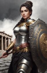 ai_generated athena athena_(greek_mythology) athletic_female black_hair female female_only goddess greece greek greek_mythology hair_bun medium_breasts mythology outdoors sole_female virgin