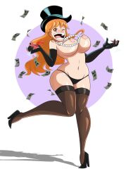 1girls areolae big_breasts blush breasts eyebrows eyelashes female female_only grimphantom hat high_heels large_breasts light-skinned_female light_skin looking_at_viewer money nami navel nipples one_piece orange_eyes orange_hair pearl_necklace post-timeskip solo solo_female solo_focus thick_thighs thighhighs thighs tophat topless topless_female white_background