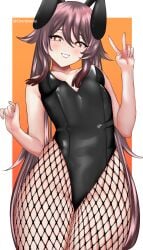 1girls black_leotard blush brown_hair bunny_ears bunny_girl bunnysuit fishnets flower-shaped_pupils from_below genshin_impact grin hu_tao_(genshin_impact) leotard long_hair looking_at_viewer orenjisoda peace_sign red_eyes smile solo thick_thighs v viewed_from_below