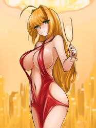 blonde blonde_hair boobs breasts champagne champagne_glass cleavage dress exposed_stomach fate_(series) green_eyes long_hair nero_claudius_(fate) red_dress revealing_clothes revealing_dress skimpy skimpy_dress streamingtofu tits