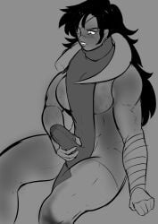 bandaged_arm blush bulge bulge_through_clothing clothed dark-skinned_futanari eyepatch flushed futa_only futanari long_hair mammoth mammoth_(sailant) masturbation muscular_female oc original_character tusks wet