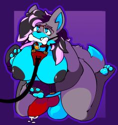 aliasing anthro balls bondage_gear bone_gag breasts canid canine catjam_(artist) collar gag genitals gynomorph hi_res intersex knot mammal nipples pawpads paws penis purple_background simple_background solo