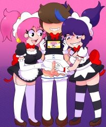 1boy 2girls crossdressing embarrassed_male female gingy_smitten hair_covering_eyes maid_uniform marble_maid marble_maid_(game) nega_maid nintendo_switch penis_out pink_hair purple_hair rpr_(character) rpr_(character)_(male)