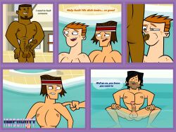 4boys bara blowjob chris_mclean dark-skinned_male dj_(tdi) erection fellatio gay hard_on male_only muscular_male oral penis_in_mouth scott_(tdi) smooth_skinned_male sucking_penis swimming_pool total_drama_island tyler_(tdi)