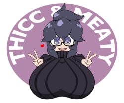 1girls circle female glasses heart hex_maniac huge_breasts human large_breasts long_hair looking_at_viewer massive_breasts peace_sign png pokemon smile smiling_at_viewer solo solo_focus sweater text white_background