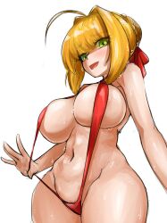 bikini_pull blonde_hair bow breasts dripping fate_(series) green_eyes nero_claudius_(fate) pulling_bikini_string pulling_swimsuit red_bow red_sling_bikini skimpy skimpy_bikini sling_bikini streamingtofu swimsuit wet