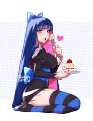 1girls blue_eyes blue_hair blush blushypixy blushyspicy clothed clothing eating female female_only food looking_at_viewer multicolored_hair panty_&_stocking_with_garterbelt pink_hair sitting stocking_anarchy stockings striped_legwear textured_background thighhighs two_tone_hair white_background