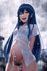 1girls ai_generated blue_hair blue_pubic_hair city early_pregnancy female female_pubic_hair long_hair nude nude_female pregnant pregnant_belly pubic_hair raining red_eyes solo_female tenshi_hinanawi touhou