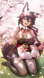 1girls animal_ears big_breasts brown_hair female female_only fox_ears fox_girl fox_tail green_eyes honkai:_star_rail large_breasts liu_liaoliao looking_at_viewer outdoors outside pantyhose solo solo_female tail thick thick_thighs tingyun_(honkai:_star_rail) voluptuous