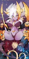 animal_humanoid big_breasts breasts duel_monster felid_humanoid female female_only huge_breasts humanoid konami lion lion_humanoid lunalight lunalight_leo_dancer mammal mammal_humanoid mask melee_weapon monster_girl narrowed_eyes pantherine_humanoid purple_body solo solo_female white_hair yu-gi-oh!