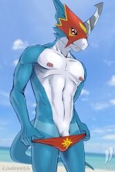 1boy anthro armor bandai_namco beach clothing clothing_pull digimon digimon_(species) flamedramon girly headgear helmet hi_res iudicium86 light male male_only outside seaside sky solo speedo summer sunlight suntan swimwear swimwear_pull tan_line teasing_viewer