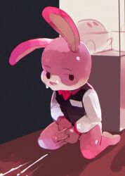 anthro arcade arcade_bunny bodily_fluids clothing cum cum_on_ground foreskin fur genital_fluids genitals humanoid_genitalia humanoid_penis kneeling lagomorph leporid male mammal masshiro masturbation nintendo penile penile_masturbation penis pink_body pink_fur rabbit solo sweat topwear vest