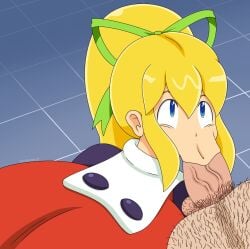 1boy 1girls :>= anteater_face big_breasts blonde_hair blowjob blowjob_face blue_eyes bow bow_in_hair capcom clothed clothed_female_nude_male clothing fellatio hairy_male hi_res huge_breasts large_breasts light-skinned_female light-skinned_male male/female mega_man mega_man(classic) penis ponytail pubic_hair roll sex tile_floor touhoufan