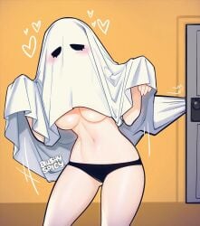 1girls accidental_exposure artist_name artist_signature ass_visible_through_thighs belly_button blush blushypixy blushyspicy breasts costume female ghost ghost_costume heart midriff navel panties sheet_ghost solo thighs underboob unintentional_exhibitionism watermark