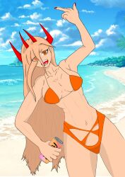 beach big_breasts chainsaw_man devil orange_eyes orange_swimsuit power_(chainsaw_man) red_horns smiley_face swimsuit