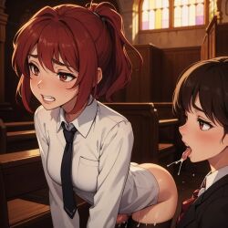 2futas after_oral ai_generated black_tie blush blushing brown_hair cum_on_thighs cum_on_tongue enjuuji futanari implied_incest indoors juliana_caxton ponytail red_eyes red_hair sisters stephanie_caxton tongue tongue_out white_shirt window