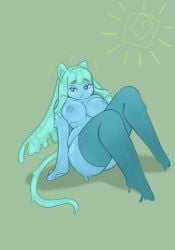 blue_body blush cat_ears chubby chubby_female dripping female female_only green_hair large_breasts maerumoe monster_girl nipples slime slime_girl stockings