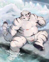 2023 anthro belly bulge clothing detailed_background felid hi_res ice kemono male mammal merfiller moobs navel nipples overweight overweight_male pantherine sitting solo tiger underwear water white_body