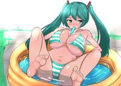 1girls aqua_eyes aqua_hair bikini breasts chubby cleavage feet feet_up female female_only food grass hatsune_miku huge_breasts iwasaki_kagami navel object_in_mouth pool popsicle popsicle_in_mouth solo solo_female striped striped_bikini striped_panties stripes twintails vocaloid water