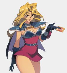 1girls bare_thighs belt blonde_hair capelet card cleavage elbow_gloves fully_clothed gloves kujaku_mai lipstick long_hair mai_valentine panties panty_peek pauldrons purple_eyes short_dress solo suoiresnu tagme thighs yu-gi-oh! yu-gi-oh!_card