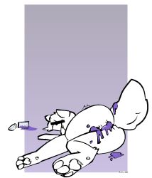 anthro bodily_fluids canid canine catjam_(artist) censored_face colored_cum cum cum_drip cum_in_ass cum_in_pussy cum_inside death dripping feet female genital_fluids grimace_birthday_shake grimace_shake karina_(catjam) mammal purple_cum solo spilled_drink unusual_bodily_fluids unusual_cum unusual_genital_fluids