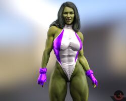 1girls 3d 3d_(artwork) abs_visible_through_clothing alternate_version_available artist_logo big_breasts cameltoe drinkerofskies female female_only fingerless_gloves gloves green-skinned_female green_body green_hair green_skin hi_res highleg_leotard highres hulk_(series) leotard marvel marvel_comics muscles muscular muscular_female she-hulk simple_background solo thick_thighs thong_leotard veiny_muscles