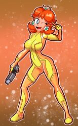 bodysuit breasts crossover female female_only jpeg mario_(series) metroid nintendo one_eye_closed open_mouth princess_daisy robveemo solo tagme zero_suit