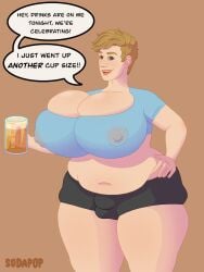 1boy beer beer_mug big_breasts blonde_hair breasts bulge busty busty_boy chub chubby_male cleavage dialogue femboy huge_breasts male male_only male_with_breasts nipples_visible_through_clothing original solo solo_male speech_bubble superchub visible_nipples