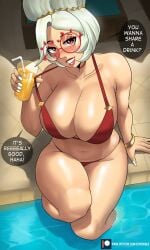 alternate_breast_size bikini breasts chubby chubby_female echosaber eyeshadow female female_only glasses nintendo pool poolside purah purah_(tears_of_the_kingdom) red_bikini red_eyeshadow red_glasses short_hair sitting_on_poolside solo tagme tears_of_the_kingdom the_legend_of_zelda thick_thighs white_hair