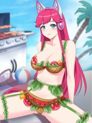 beach_ball big_breasts bikini blue_eyes blush burger burger_lingerie cat_ear_headphones cleavage food garter_straps grill hourglass_figure long_hair long_pink_hair looking_at_viewer nutaku nutaku-tan pink_hair thick_thighs