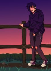 blush bridge_piercing choker clenched_teeth closed_eyes clothed desperation embarrassed emo feferriswheel holding_crotch hoodie lip_piercing male_only omorashi outdoor_pee outdoors peeing peeing_self piercings piss_puddle piss_soaked_clothes ripped_jeans sebastian_(stardew_valley) standing standing_in_urine standing_pee stardew_valley urinating urinating_male urination urine urine_pool wallet_chain