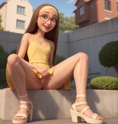 ai_generated big_hero_6 butts69420 dress exposing_pussy feet feet_focus glasses going_commando heels high_resolution highres honey_lemon legs no_panties open_toe_shoes pink_lipstick pulling_up_dress sandals sitting spread_legs spreading stable_diffusion sundress toes