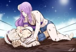 2girls adapted_costume alternate_costume bikini breasts camilla_(fire_emblem) camilla_(summer)_(fire_emblem) corrin_(fire_emblem) corrin_(fire_emblem)_(female) corrin_(summer)_(fire_emblem)_(female) female female_only fire_emblem fire_emblem_fates fire_emblem_heroes flower hair_flower mud mud_pit mud_wrestling muddy nakonworld12 nintendo official_alternate_costume purple_bikini purple_swimsuit shorts swimsuit white_bikini white_swimsuit