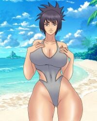 1girls alternate_breast_size arm_behind_head arm_up beach blush brown_eyes busty center_opening child_bearing_hips curvaceous curvy curvy_figure hourglass_figure light-skinned_female light_skin long_hair looking_at_viewer mitarashi_anko naruto naruto_(series) naruto_shippuden one-piece_swimsuit oppai outdoors pinup ponytail purple_hair revealing_swimsuit seaside smile solo solo_focus sutokatsu swimsuit thick_thighs tied_hair voluptuous voluptuous_female