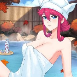 big_breasts blue_eyes blush cleavage hot_spring looking_at_viewer nutaku nutaku-tan pink_hair sake sake_bottle sake_cup sake_dish towel towel_on_head towel_only