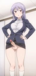 ai_generated balls breasts erection female futa_only futanari long_hair looking_at_viewer miyauchi_renge non_non_biyori office_lady penis purple_hair