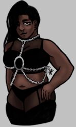 bdsm_harness black_bra black_panties chains chubby chubby_female dark-skinned_female dark_hair lingerie lingerie_only nose_piercing nose_ring red_eyes silver_choker skin_tight skin_tight_thighhighs startierxxx thigh_socks thighhighs