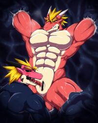 animal_genitalia blonde_hair delga demon dragon furry goo_suit hair male male/male muscular red_body ryuukikeito sucking