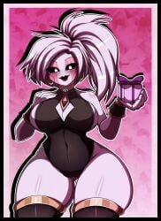 1girls big_breasts black_lipstick black_sclera breasts curvy earrings elronnyx eyebrows_visible_through_hair female female_only five_nights_at_freddy's five_nights_in_anime gift gift_box good_stuff holding_object hourglass_figure looking_at_viewer marionette_(fnaf) puppet_(fnaf) scottgames thick_thighs voluptuous white_body white_pupils wide_hips