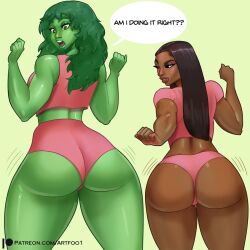 2girls artfoo_1 ass big_ass big_butt black_hair booty_shorts celebrity crop_top dark-skinned_female dark_skin disney+ duo eyebrows eyelashes eyeshadow fat_ass female female_only green_body green_eyes green_hair green_skin hulk_(series) lipstick looking_at_another looking_at_ass looking_back marvel marvel_cinematic_universe megan_thee_stallion motion_lines multiple_girls real_person rear_view she-hulk she-hulk:_attorney_at_law speech_bubble text thick_thighs thighs