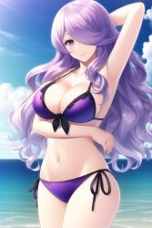 1girls ai_generated arm_under_breasts beach bikini breasts camilla_(fire_emblem) day daytime dumi female female_only fire_emblem fire_emblem_fates hair_over_one_eye light-skinned light-skinned_female nai_diffusion navel nintendo one_hand_behind_head purple_bikini purple_eyes purple_hair sea side-tie_bikini solo solo_female stable_diffusion standing swimsuit