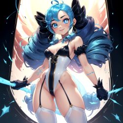 1girls ai_generated arm_garter blue_eyes blue_hair breasts cameltoe drill_hair female gloves gwen_(league_of_legends) highleg_bikini league_of_legends leg_garter looking_at_viewer riot_games sideboob small_breasts smile stable_diffusion thighhighs