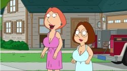 2girls accurate_art_style box breast_expansion breast_growth cardboard_box cleavage dress earrings expansion family_guy ggedits graffiti imminent_incest imminent_yuri lipstick lois_griffin looking_down meg_griffin motion_lines necklace screencap screenshot screenshot_edit surprised surprised_expression surprised_face