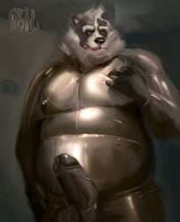 anthro badger balls black_body black_fur bodily_fluids brown_nose brown_penis chubby_male clothed clothing digital_media_(artwork) erection european_badger facial_piercing fur genital_fluids genitals grey_body grey_fur hair hi_res latex looking_at_viewer male mammal meles metalferal moobs mustelid musteline nipples nose_piercing overweight overweight_male penis piercing rubber rubber_clothing rubber_suit simple_background smile solo solo_male translucent translucent_clothing transparent_latex white_body white_fur zeppelin(metalferal)