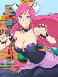 2022 big_breasts blue_eyes bowsette_(cosplay) cleavage cosplay crown horns hourglass_figure logo long_hair long_pink_hair looking_at_viewer mario_(series) new_super_mario_bros._u_deluxe nintendo nutaku nutaku-tan pink_hair super_crown