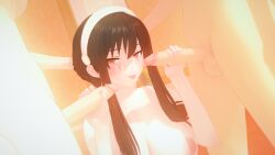 1girls 2futas 3d 3d_model balls big_penis black_hair futanari handjob headband holding_penis mintyhinty pale-skinned_female penis spy_x_family tongue_out yor_briar yor_forger