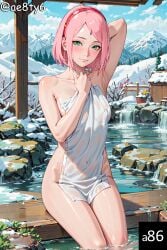 1girls ae8ty6 ai_generated arm_up armpits barely_clothed blush boruto:_naruto_next_generations breasts cleavage collarbone forehead_mark green_eyes haruno_sakura hot_spring light-skinned_female light_skin long_hair mature mature_female milf nai_diffusion naked naked_towel naruto naruto_(series) onsen outdoors partially_submerged petite pink_hair pinup sakura_haruno sitting smile smiling smiling_at_viewer solo solo_focus stable_diffusion towel towel_only water watermark wet wet_body wet_skin wet_towel