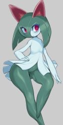 anthro balls blush censored femboy generation_3_pokemon genitals green_hair hair hi_res kirlia male male_kirlia mosaic_censorship nintendo penis pochincoff pokemon pokemon_(species) red_eyes solo white_body