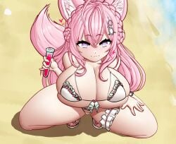 1girls :3 ahoge animal_ear_fluff animal_ears animal_humanoid barely_clothed barely_visible_genitalia barely_visible_pussy beach big_breasts bikini bikini_bottom bikini_thong blush bodily_fluids breasts breath cleavage commentary_request curvy curvy_female eyelashes female hair hakui_koyori heart hi_res highres hololive hololive_japan holox horny horny_female human humanoid kneeling large_breasts light-skinned_female long_hair looking_at_viewer mammal onomatopoeia pink_hair purple_eyes seaside seductive seductive_look seductive_pose seductive_smile smile smiling solo_focus sparkling_eyes sweat sweatdrop swimsuit swimwear symbol-shaped_pupils thick_thighs thong vial virtual_youtuber voluptuous vtuber wet wolf_ears wolf_girl wolf_tail xelsword