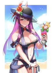 1girls alternate_costume bare_shoulders beach black_headwear blue_one-piece_swimsuit blue_sky blue_swimsuit breasts burnt_green_tea cloud cowboy_shot day female female_only fire_emblem fire_emblem_engage fire_emblem_heroes highres holding ivy_(fire_emblem) large_breasts large_hat long_hair looking_at_viewer navel nintendo one-piece_swimsuit purple_eyes purple_hair sky smile solo standing stomach swimsuit thighs very_long_hair